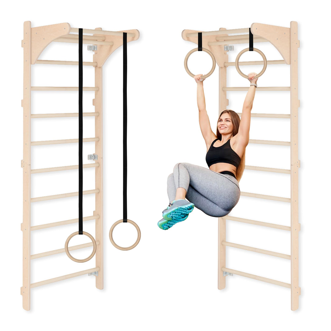 Sprossenwand Holz mit Turnringen für Heim-Fitness Wandmontage