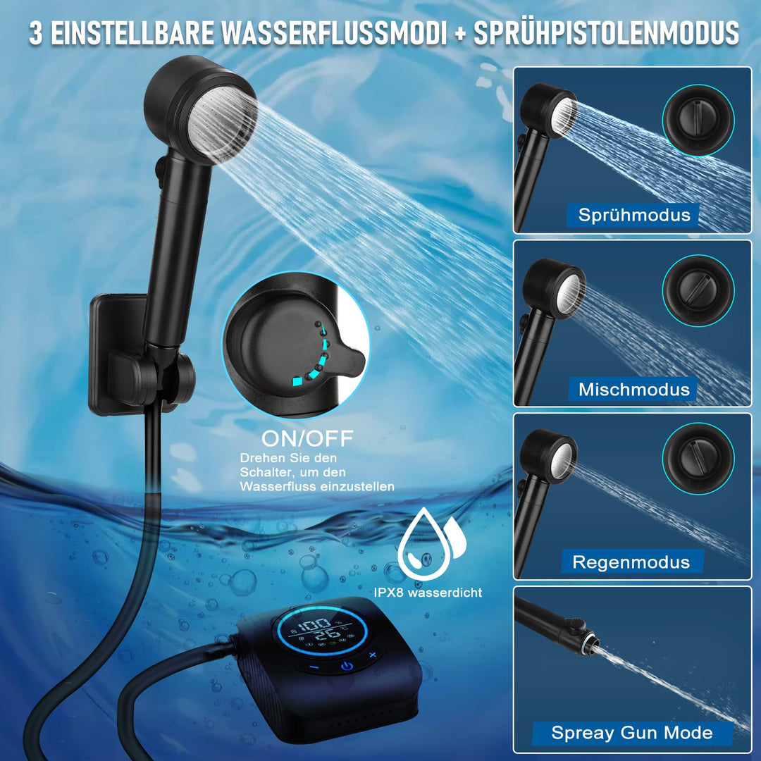 Campingdusche tragbar mit Pumpe 8000mAh Akku IPX8 LED-Display - Bild 4
