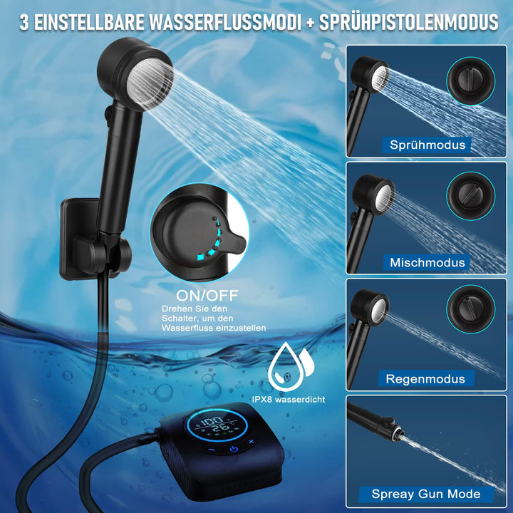 Campingdusche tragbar mit Pumpe 8000mAh Akku IPX8 LED-Display - Bild 4