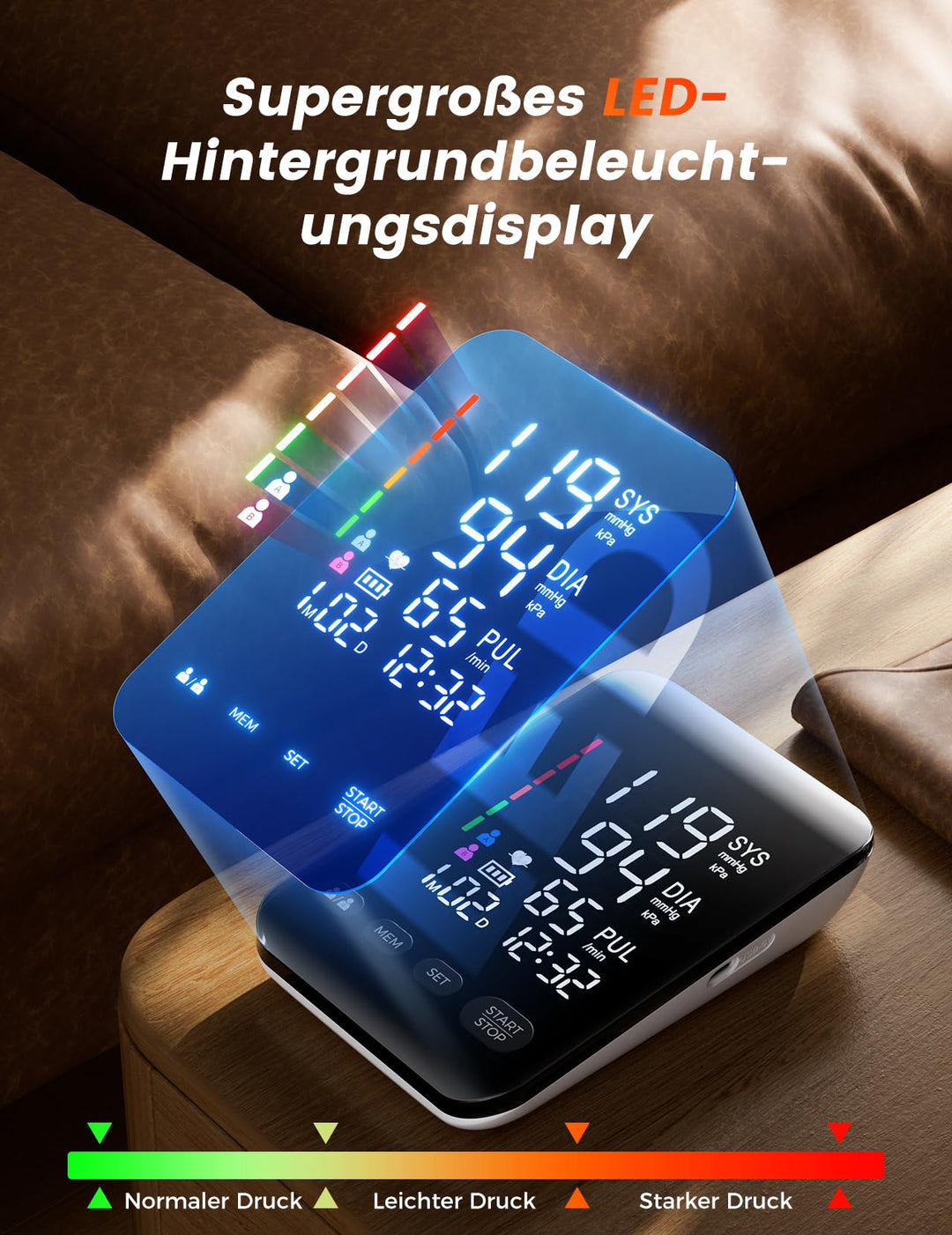 Blutdruckmessgerät Oberarm LED-Display 4 Zoll für 2 Nutzer je 99 Speicher - Bild 2