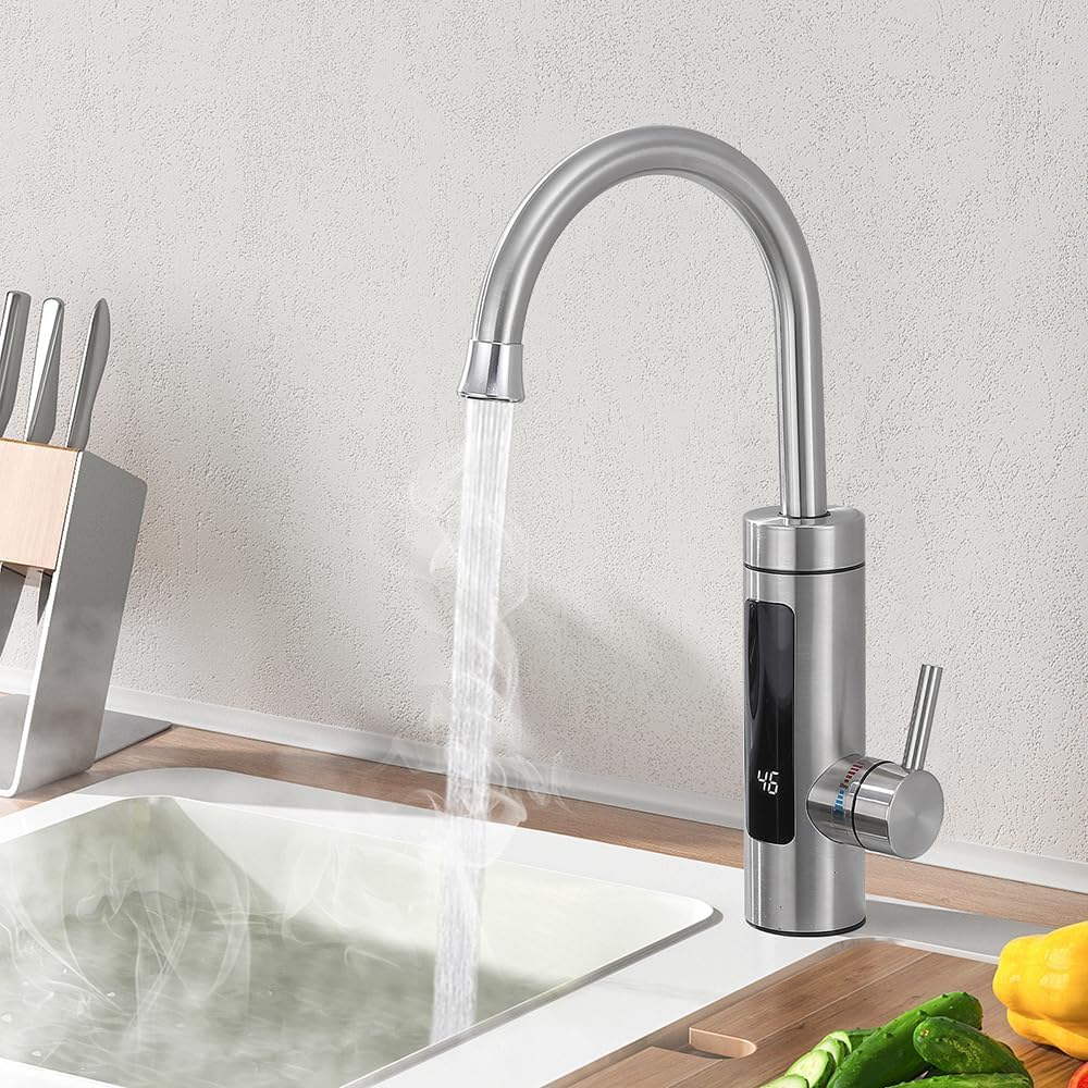 Küchenarmatur mit Durchlauferhitzer 3400W LED 360° drehbar Edelstahl