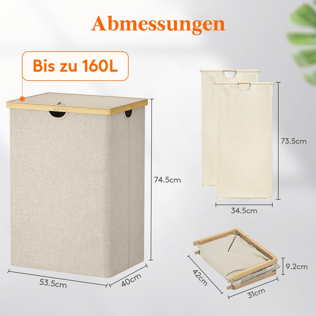 Wäschekorb Bambus 160L mit 2 Fächern und Deckel, Beige - Bild 4