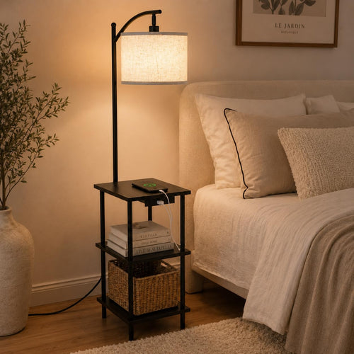 Stehlampe mit Regal & USB-A/C Ladestation, 165 cm, Walnuss