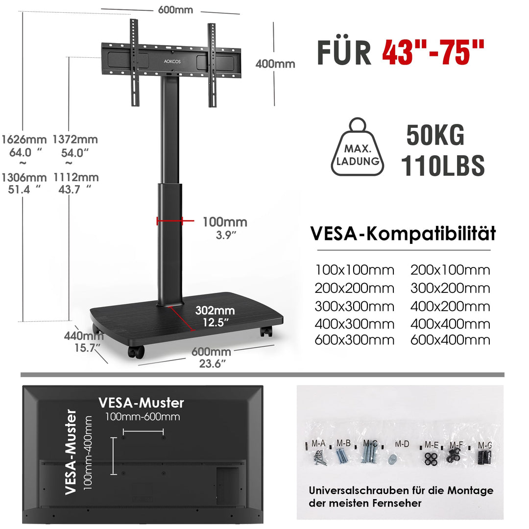 TV Bodenständer rollbar mit Holzregal 43-75 Zoll bis 50kg höhenverstellbar - Bild 6
