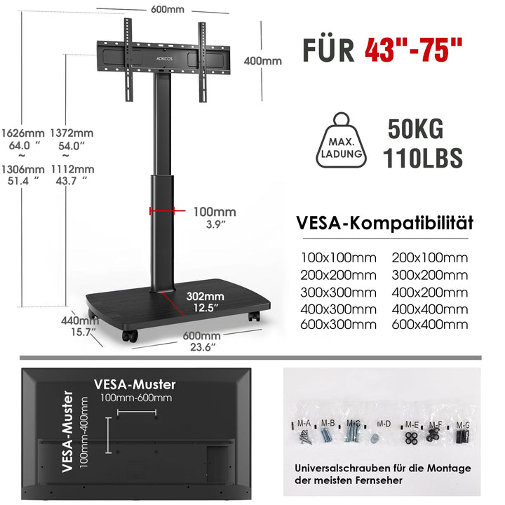TV Bodenständer rollbar mit Holzregal 43-75 Zoll bis 50kg höhenverstellbar - Bild 6