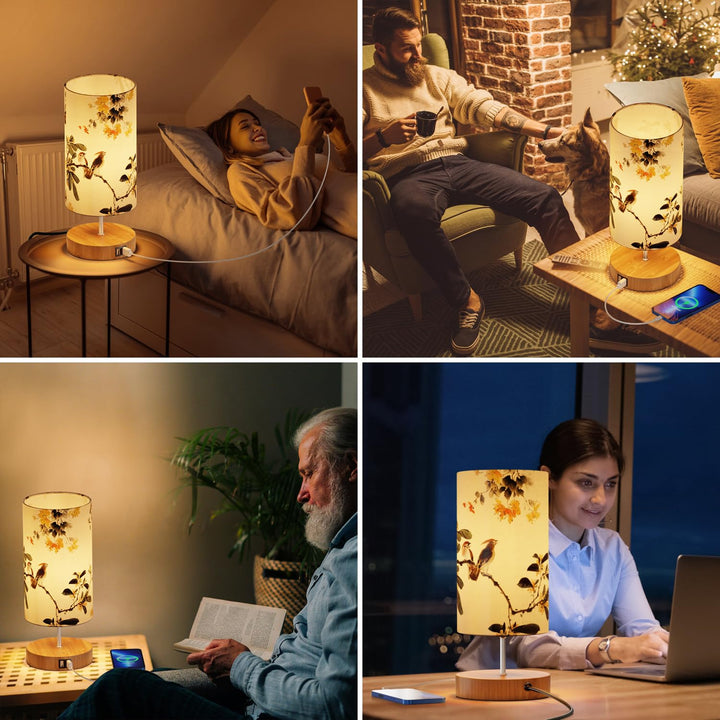 Nachttischlampe 2er Set Stoff Vogelmotiv Touch-Dimmer USB - Bild 6
