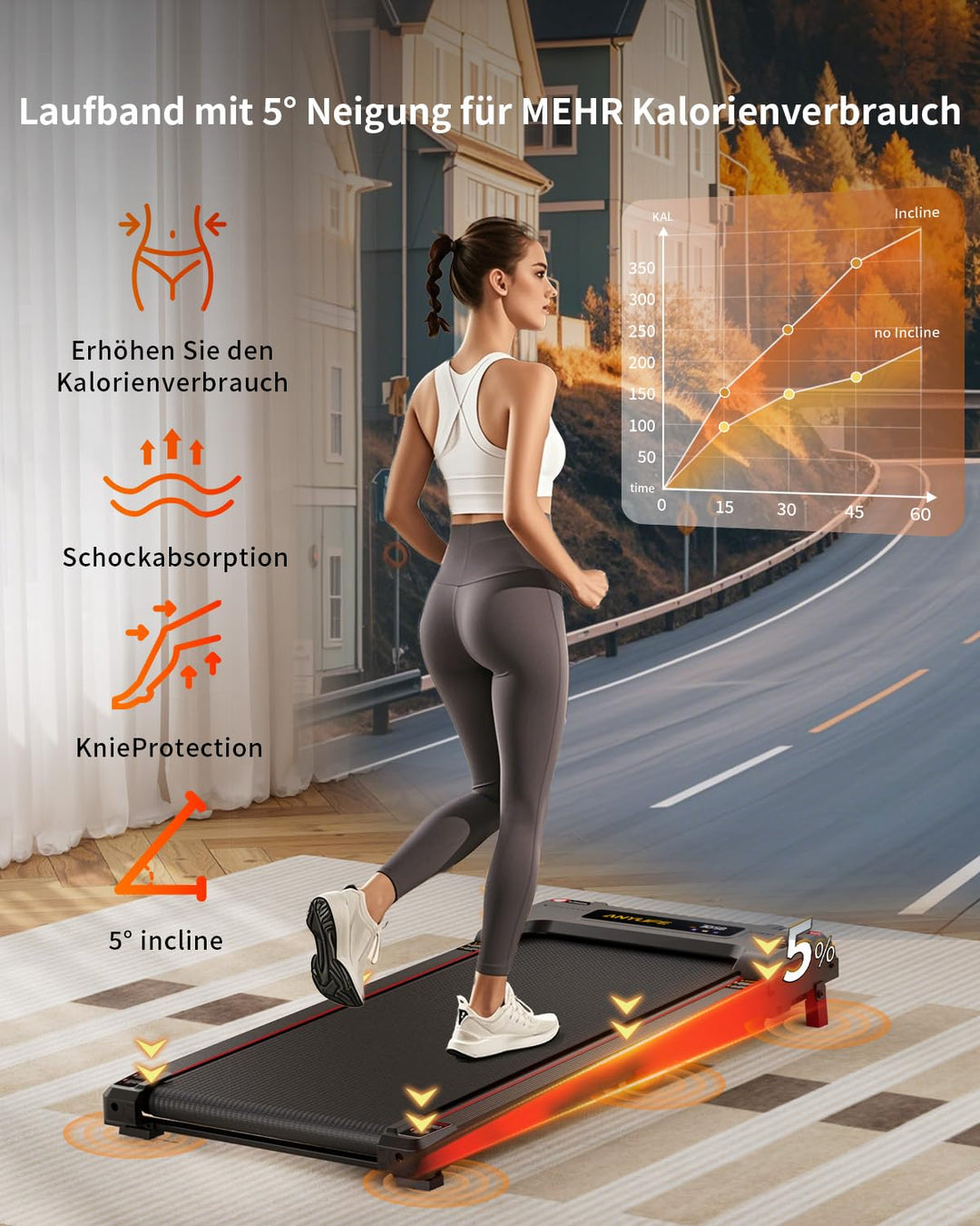 Laufband mit Steigung 5° und LED-Anzeige fuer Zuhause 150kg - Bild 4