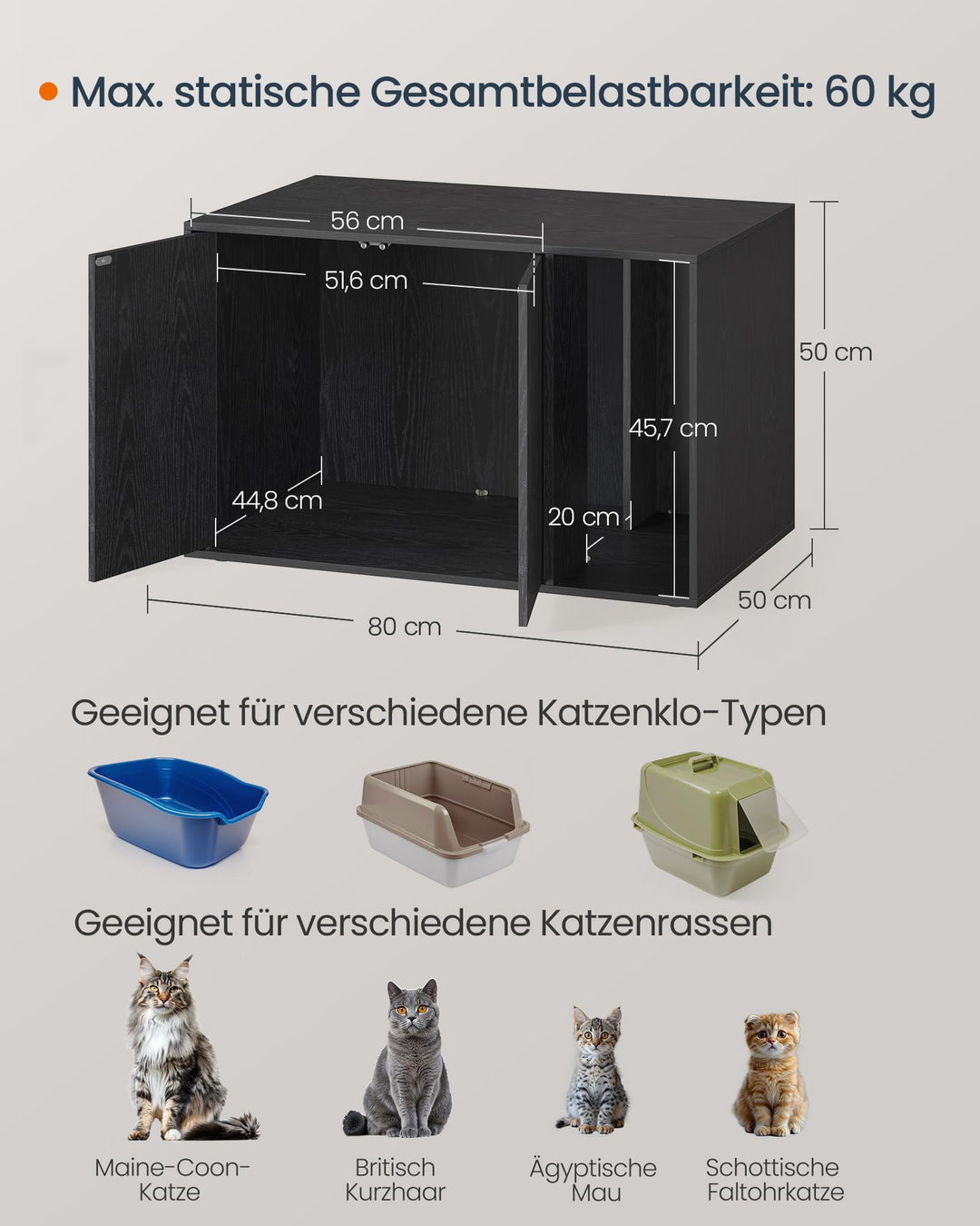 Katzenklo-Schrank Holz werkzeuglos schwarz 56x45x46 cm 60kg - Bild 4