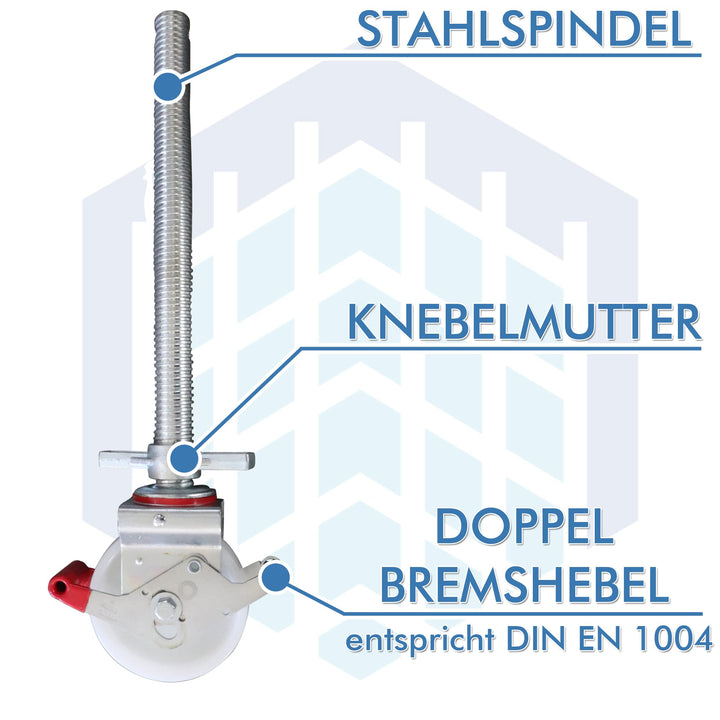 Gerüstrollen 150 mm Nylon mit Stahlspindel doppelt gebremst 4er-Set - Bild 4