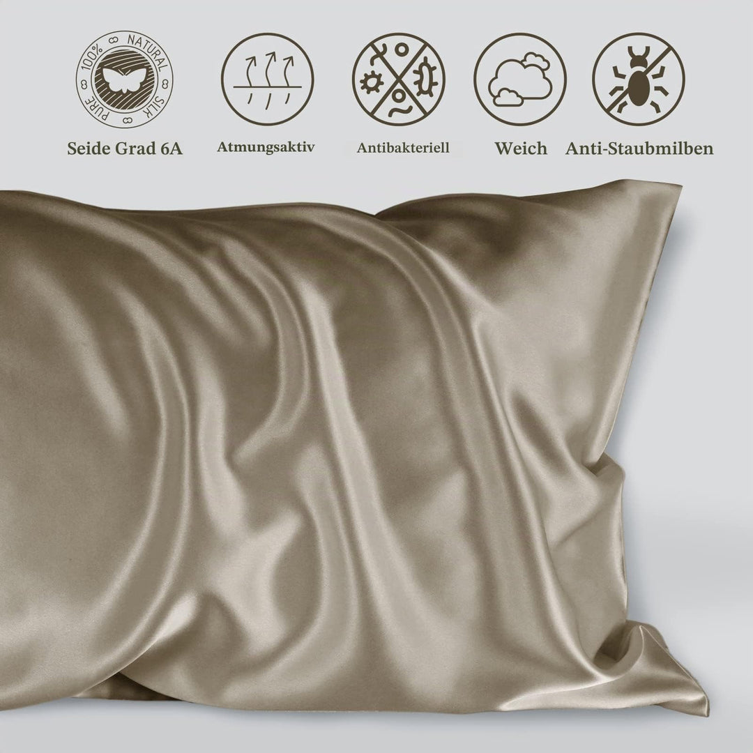 Seidenkissenbezug 65x65 cm 100% Maulbeerseide Taupe Haar- &amp; Hautpflege - Bild 2