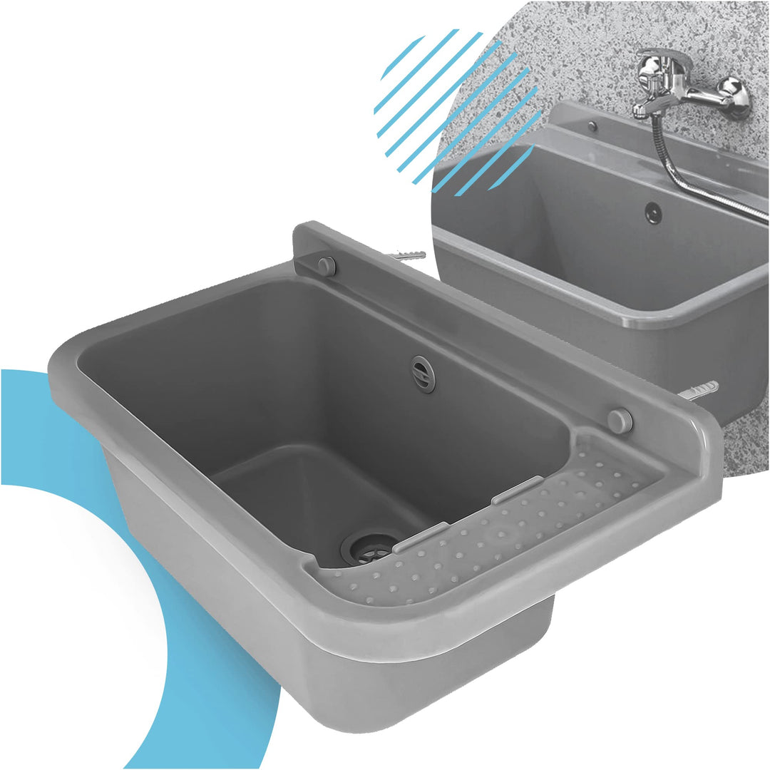 Ausgussbecken Polypropylen 60x34x21 cm Grau mit Regal für Werkstatt - Bild 5