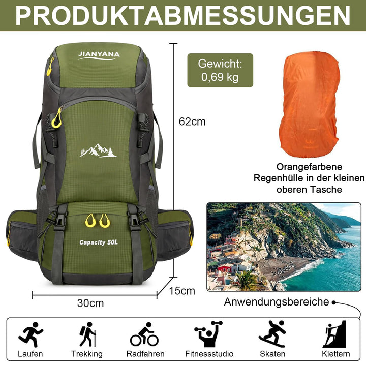 Wanderrucksack 50L mit Regenhülle Trekking Camping Unisex - Bild 2