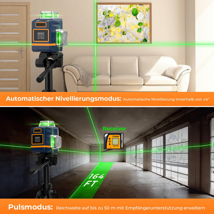 Kreuzlinienlaser 3x360° Grün mit Stativ 1,5 m und 30 h Akku - Bild 3