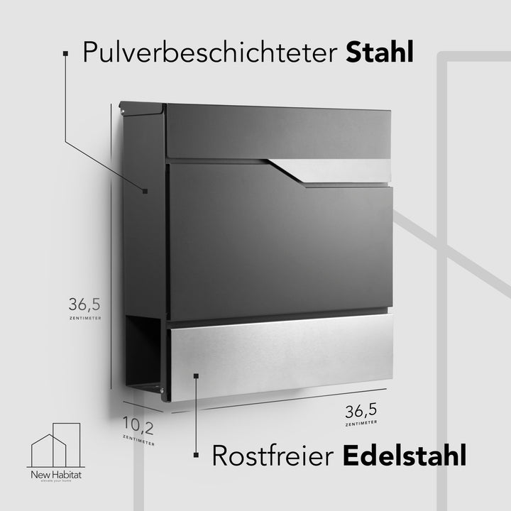 Wand-Briefkasten mit Zeitungsfach Stahl Anthrazit RAL 7016 - Bild 2