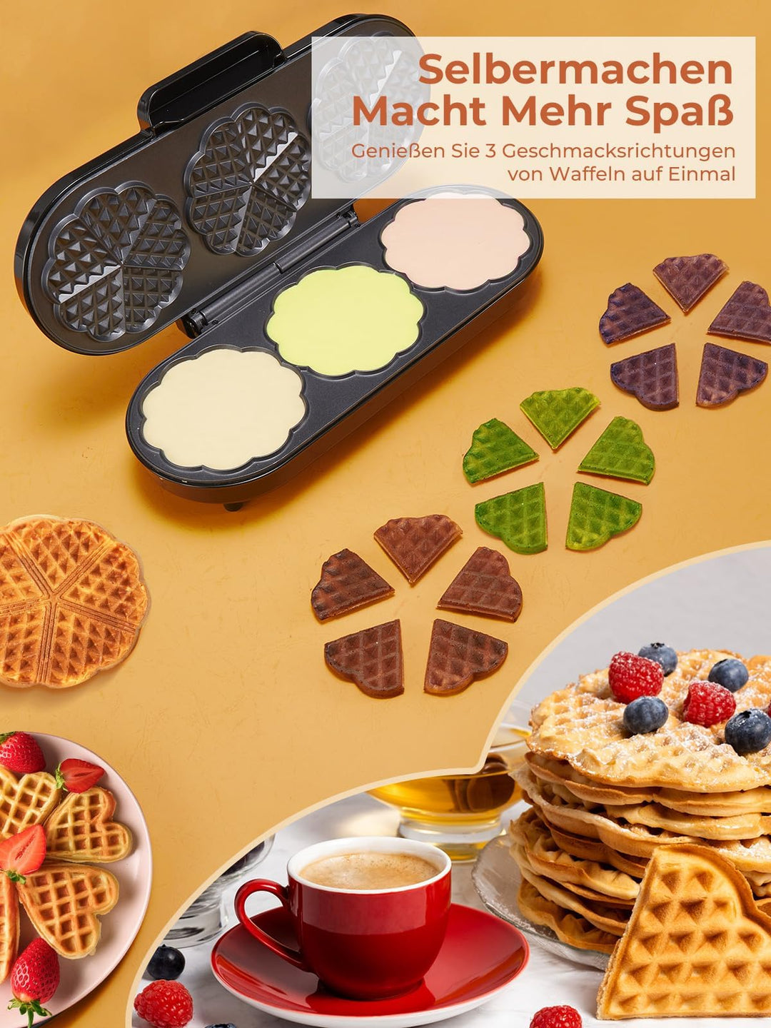 Herzwaffeleisen 3 Backflächen 1200W für 15 Waffeln Party &amp; Familie - Bild 4