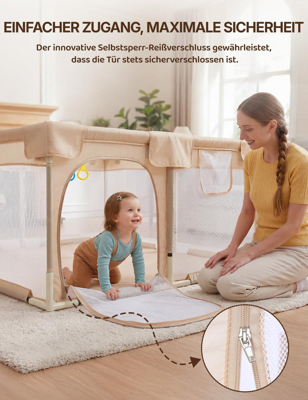 Laufstall Baby 124x124cm atmungsaktiv mit Spielzeug Kaffeebraun - Bild 6