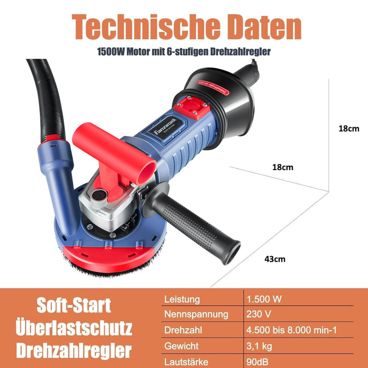 Betonschleifer 1500W 125mm mit Absaughaube und 2 Diamantschleiftöpfen - Bild 5