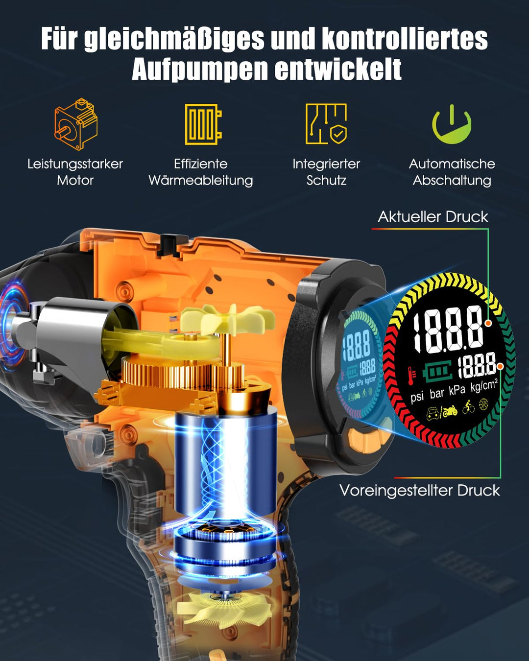 Akku-Kompressor 180 PSI mit LCD-Display für Auto, Fahrrad &amp; Ball - Bild 4