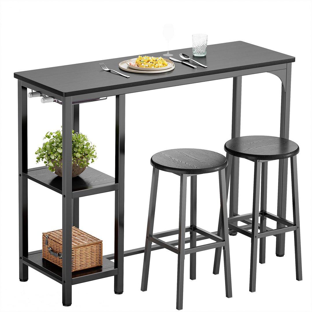 Bartisch-Set mit 2 Barhockern, Ablage und Glashalter, Schwarz