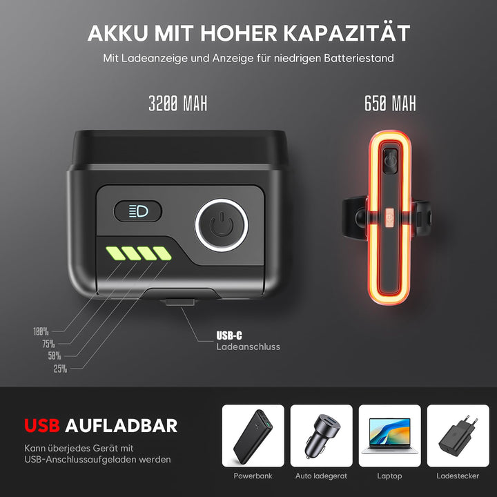 Fahrradlicht Set StVZO 100 LUX mit Bremslicht-Sensor 3200mAh - Bild 6