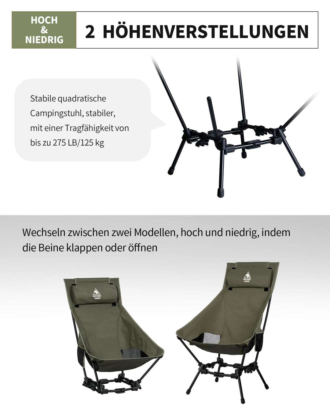 Campingstuhl faltbar Aluminium 125 kg Hochlehner mit Nackenkissen - Bild 4