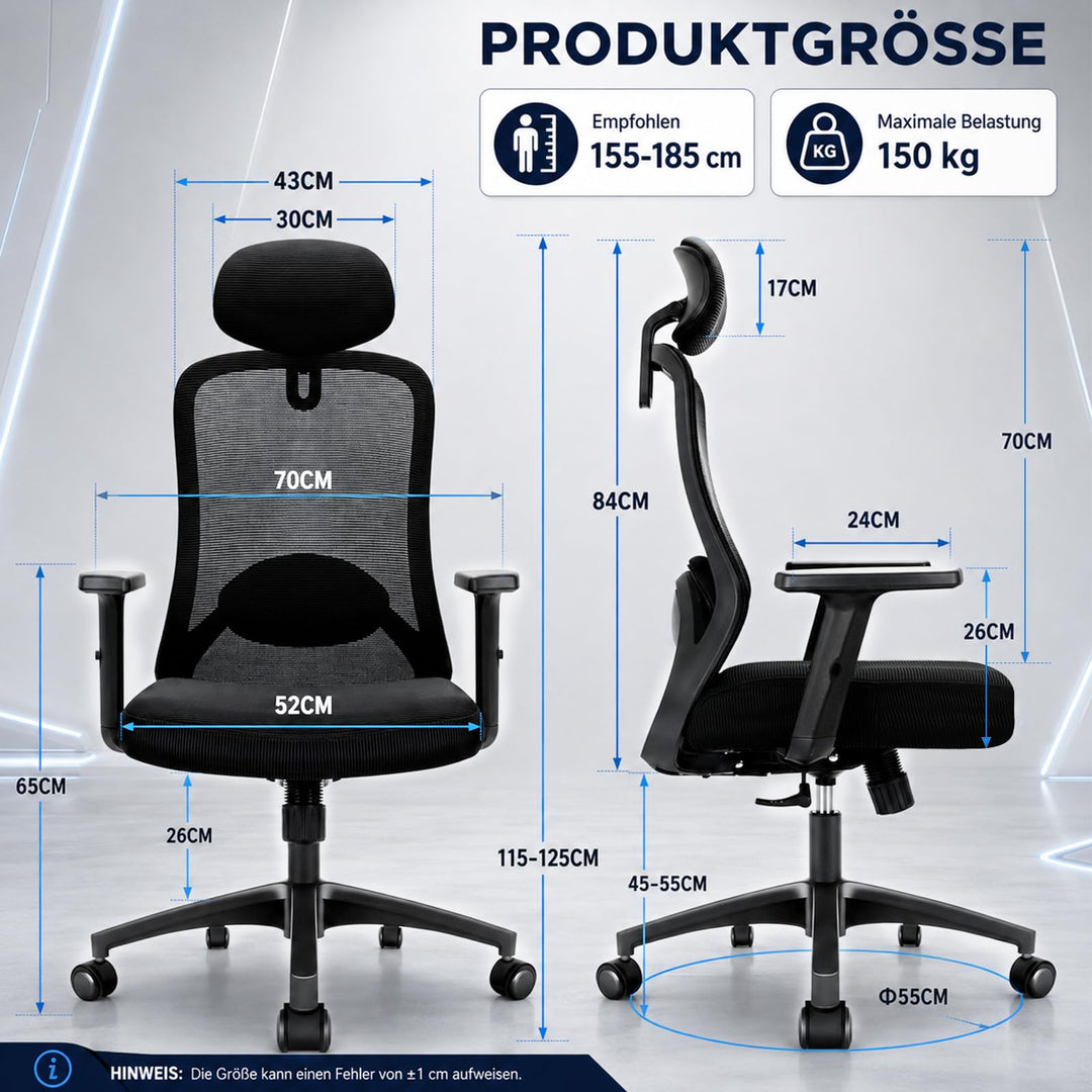 Bürostuhl ergonomisch Netz 4D-Lendenstütze Kopfstütze bis 150 kg - Bild 9