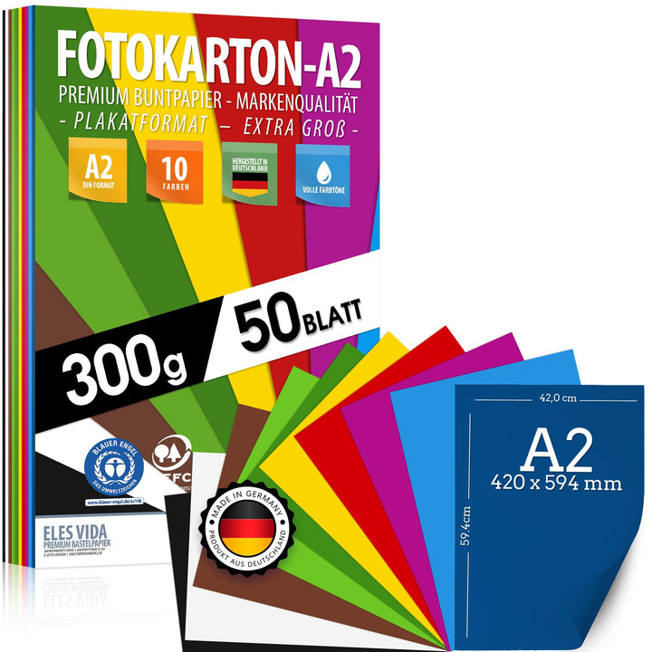 Fotokarton DIN A2 300g/m² bunt 10 Farben 50 Blatt zum Basteln