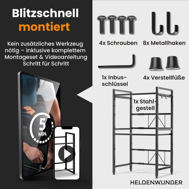 Mikrowellenregal Stahl höhenverstellbar 40-64 cm mit 8 Haken schwarz - Bild 7