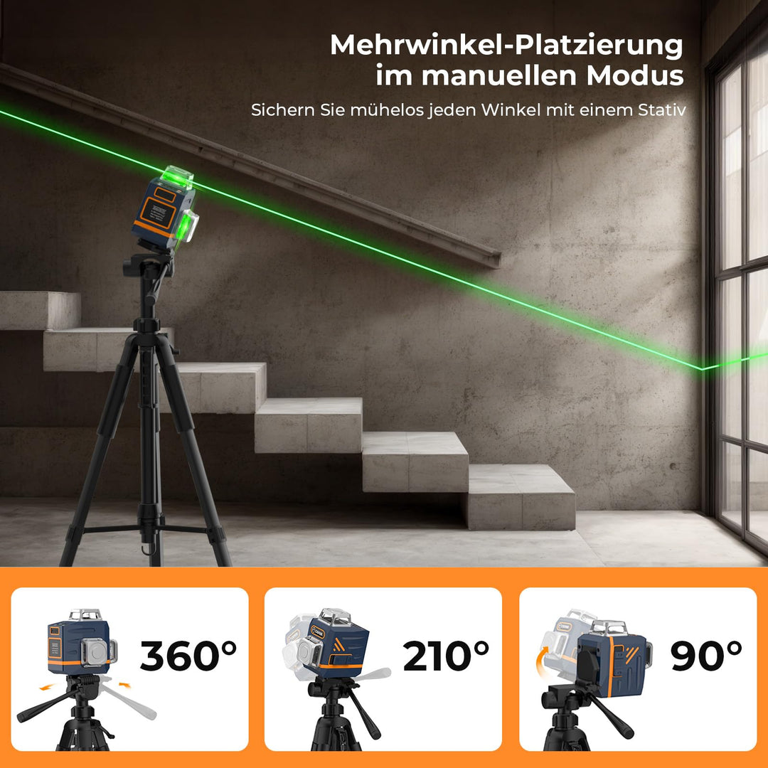 Kreuzlinienlaser 3x360° Grün mit Stativ 1,5 m und 30 h Akku - Bild 4