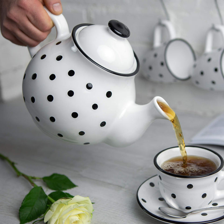 Teekanne Keramik 1,7 Liter Weiss Schwarz Polka Dots handgemacht - Bild 2