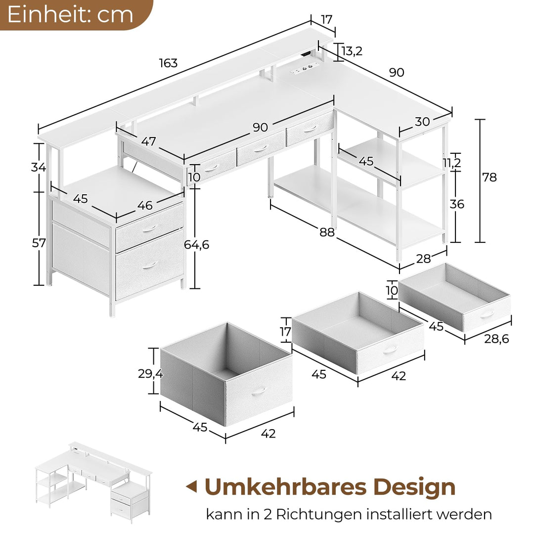 Eckschreibtisch L-Form 163 cm mit Schubladen, Steckdose &amp; RGB-LED - Bild 7