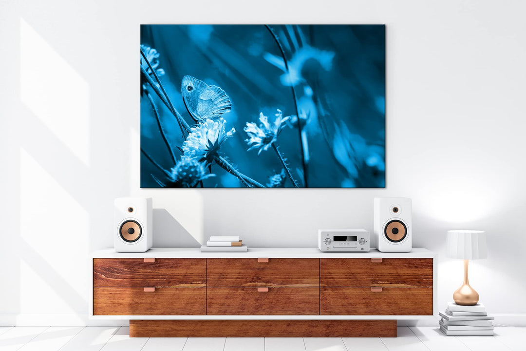 Leinwandbild Blumenwiese Monochrom Blau 80x60 cm Echtholzrahmen - Bild 5