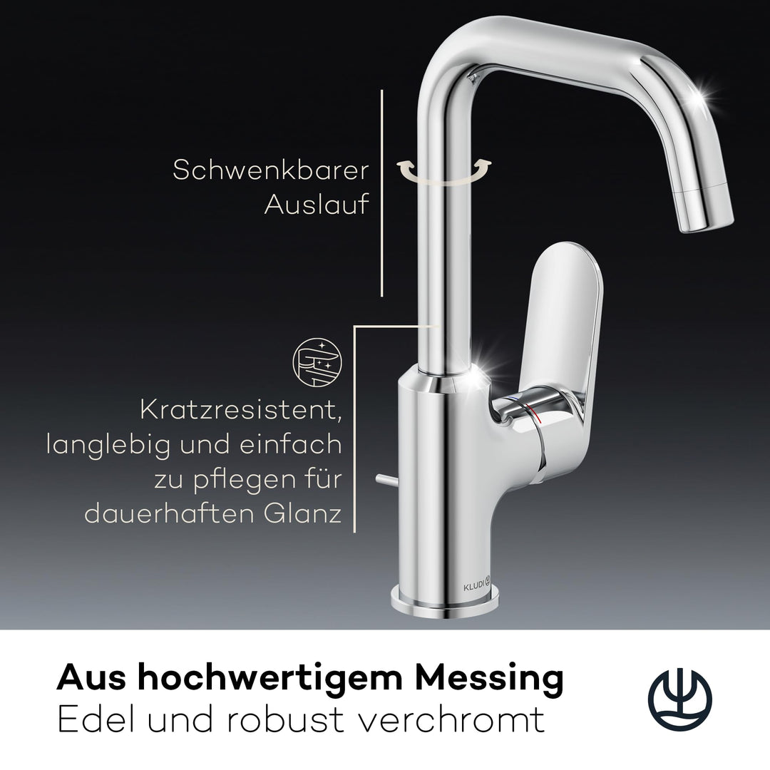 Waschtischarmatur Chrom 360° schwenkbar mit Zugstangen-Ablauf Messing - Bild 4