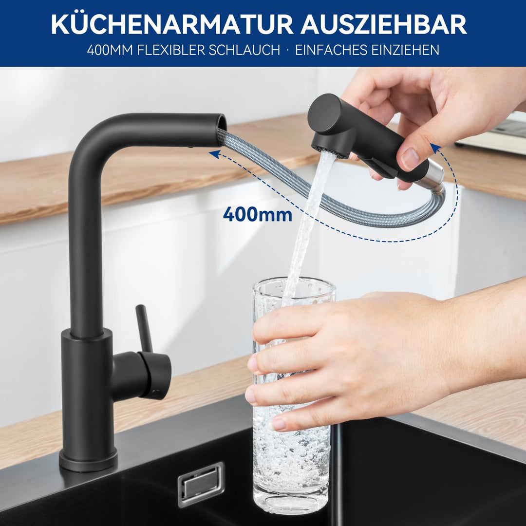 Küchenarmatur ausziehbar Schwarz Matt 360° schwenkbar Edelstahl - Bild 3