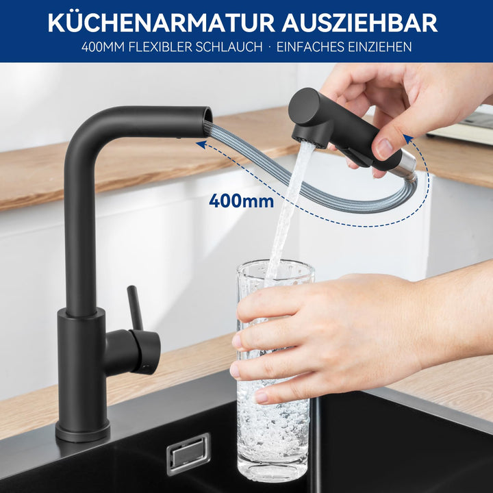 Küchenarmatur ausziehbar Schwarz Matt 360° schwenkbar Edelstahl - Bild 3