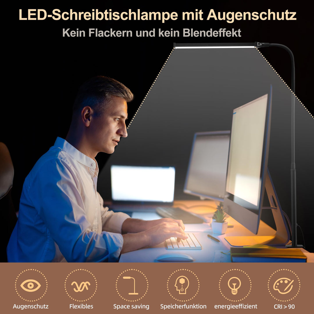 Klemmleuchte LED Schreibtisch Schwanenhals 360° drehbar, 3 Farbtemperaturen