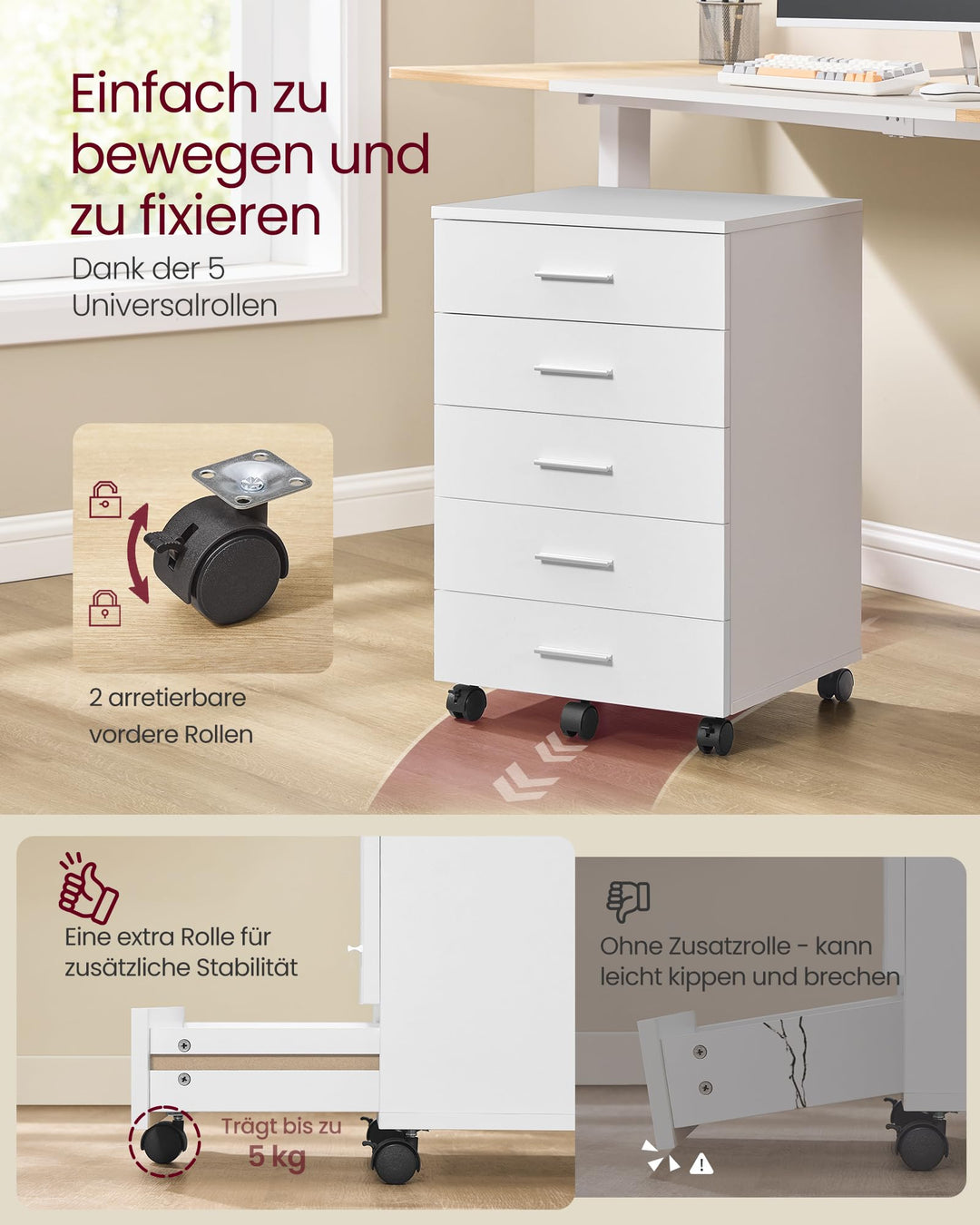 Rollcontainer 5 Schubladen Holz Wolkenweiss Heimbüro Druckertisch - Bild 6