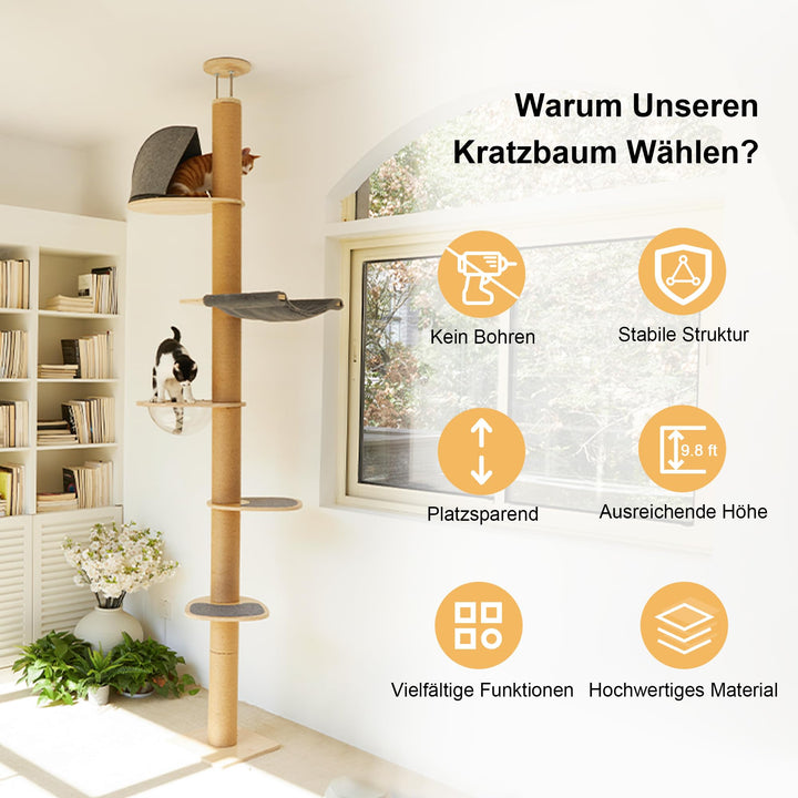 Katzenbaum Decke 6 Etagen 259-300 cm mit Raumkapsel und Hängematte - Bild 7
