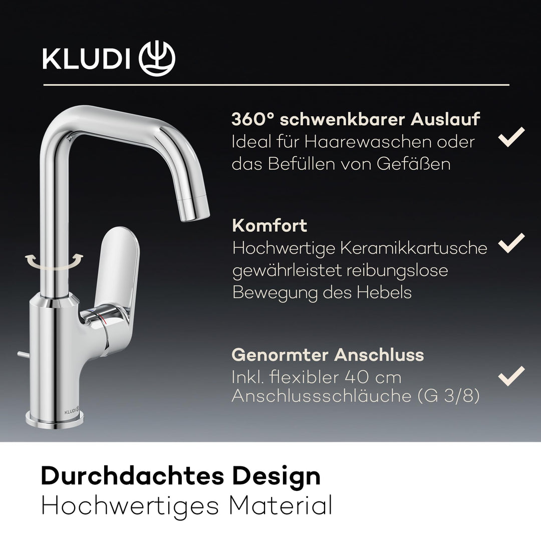 Waschtischarmatur Chrom 360° schwenkbar mit Zugstangen-Ablauf Messing - Bild 6