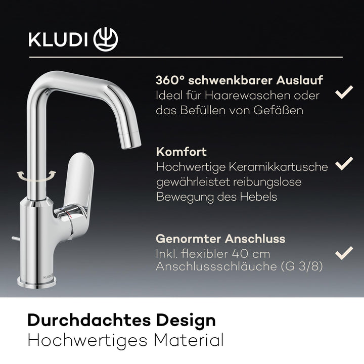 Waschtischarmatur Chrom 360° schwenkbar mit Zugstangen-Ablauf Messing - Bild 6