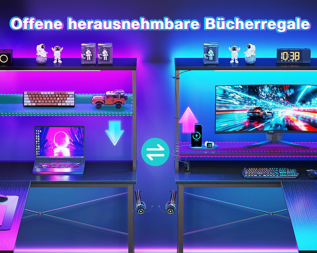Gaming Tisch L-Form mit RGB-LED und Regal 135x100 cm Schwarz - Bild 5