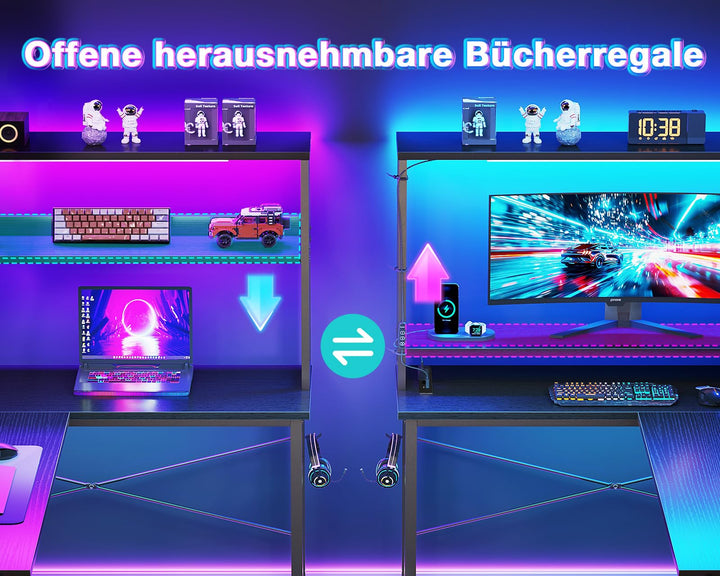 Gaming Tisch L-Form mit RGB-LED und Regal 135x100 cm Schwarz - Bild 5