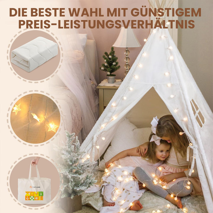 Tipi Zelt Kinder 100% Baumwolle 122x168 cm mit Lichterkette - Bild 3