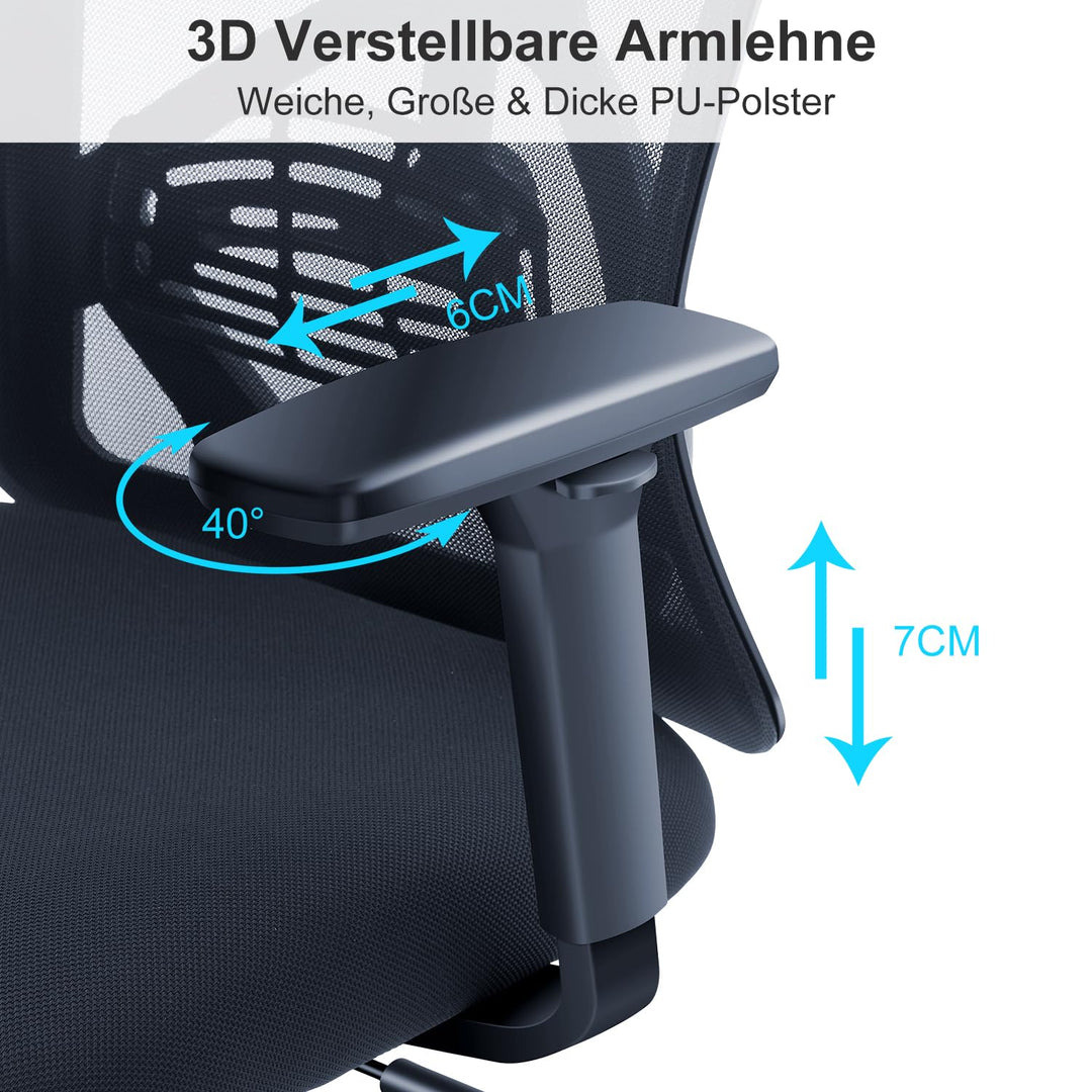 Ergonomischer Bürostuhl Netz mit 3D-Armlehne, Kopfstütze &amp; Lordosenstütze - Bild 4