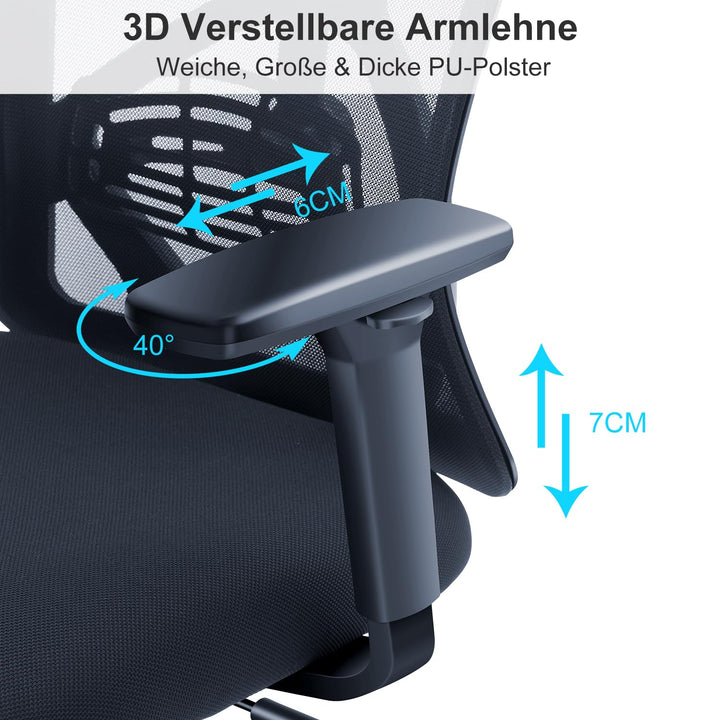 Ergonomischer Bürostuhl Netz mit 3D-Armlehne, Kopfstütze &amp; Lordosenstütze - Bild 4