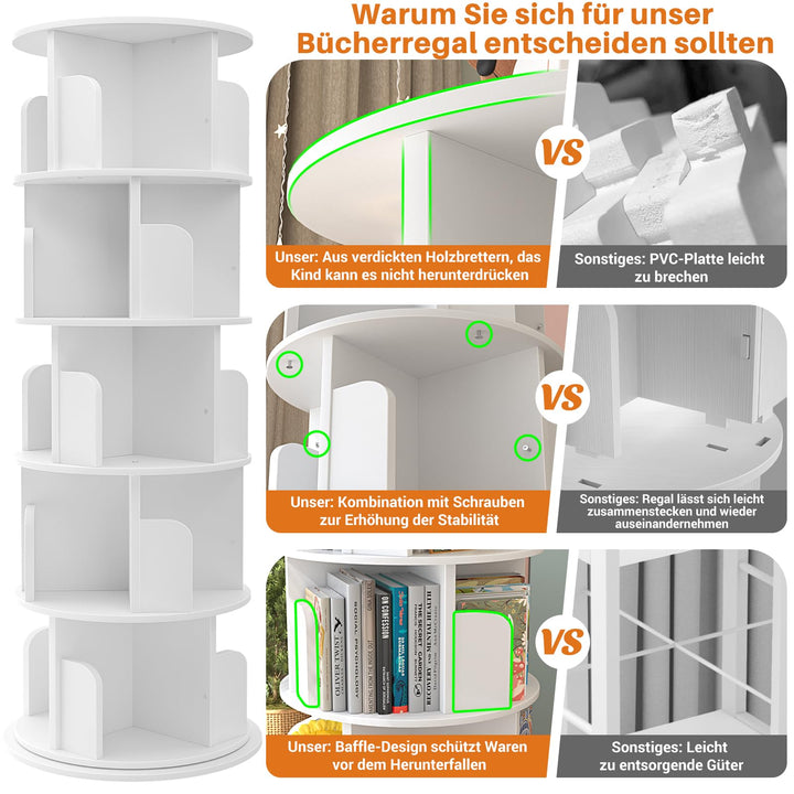 Drehbares Bücherregal 5 Ebenen 360° MDF 24 Fächer Weiss - Bild 7