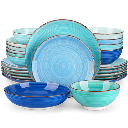 Geschirrset Steingut 24-teilig Blau für 6 Personen Spiraldesign