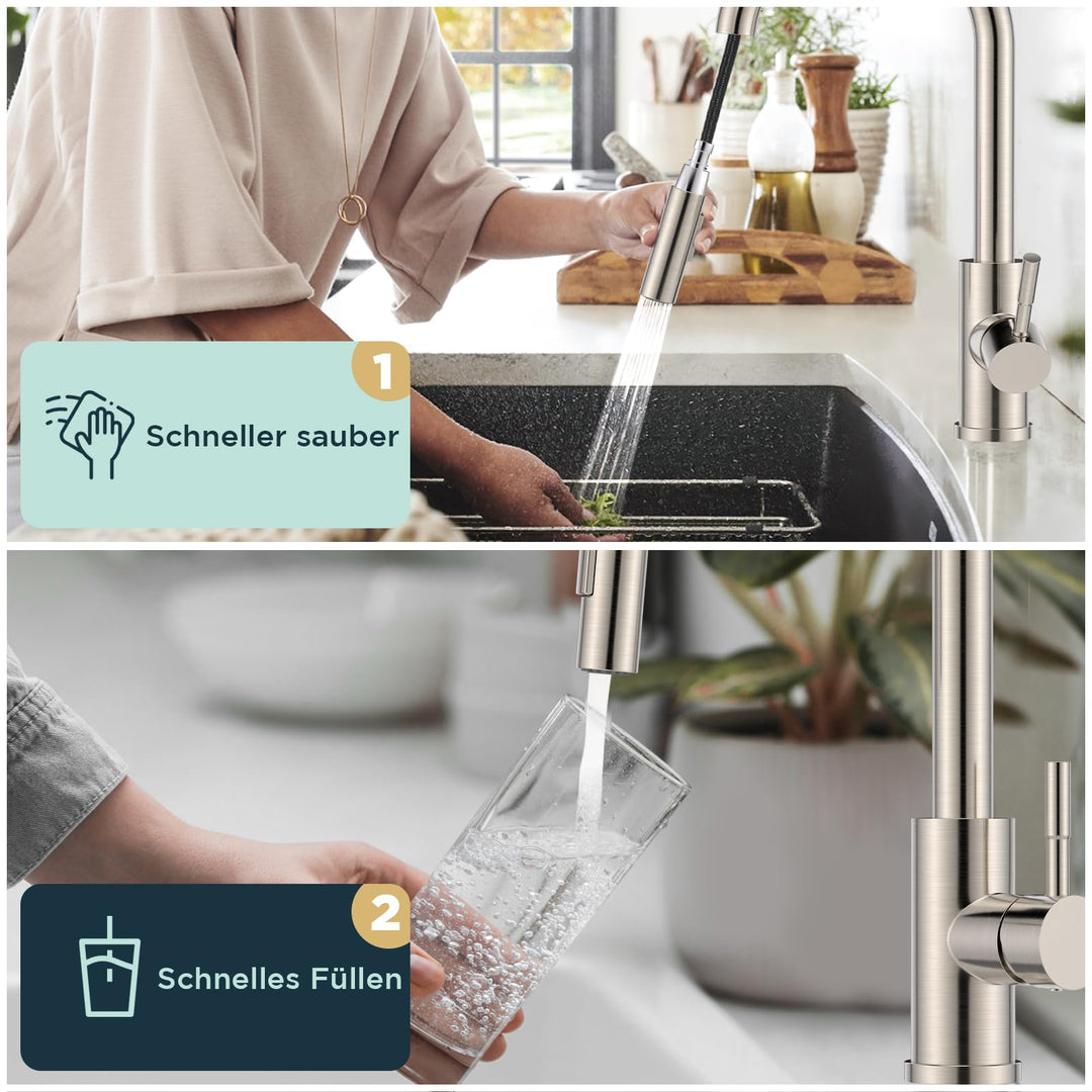 Küchenarmatur Edelstahl Hochbogen 360° schwenkbar mit Pulldown-Brause - Bild 4