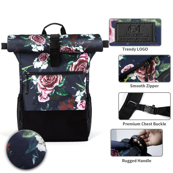 Rolltop Rucksack 17 Zoll Laptop Blumenmuster 18-26 L Damen Herren - Bild 2