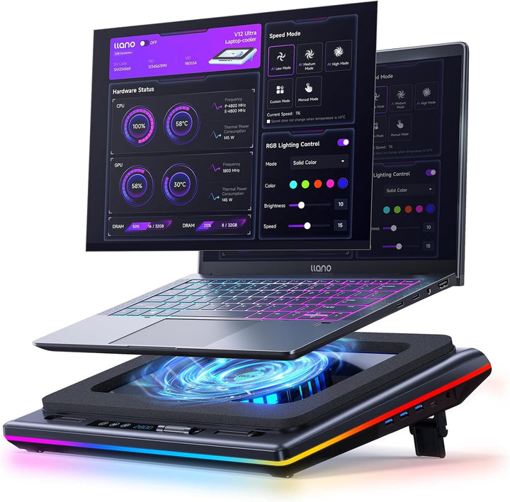 Laptop Kühlpad 15–19 Zoll mit Turbolüfter, RGB und 3x USB 3.0